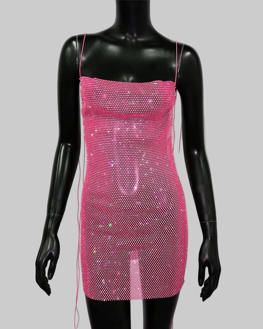 Rhinestone Mesh Bodycon Dress - Sheer Fishnet Mini Dress