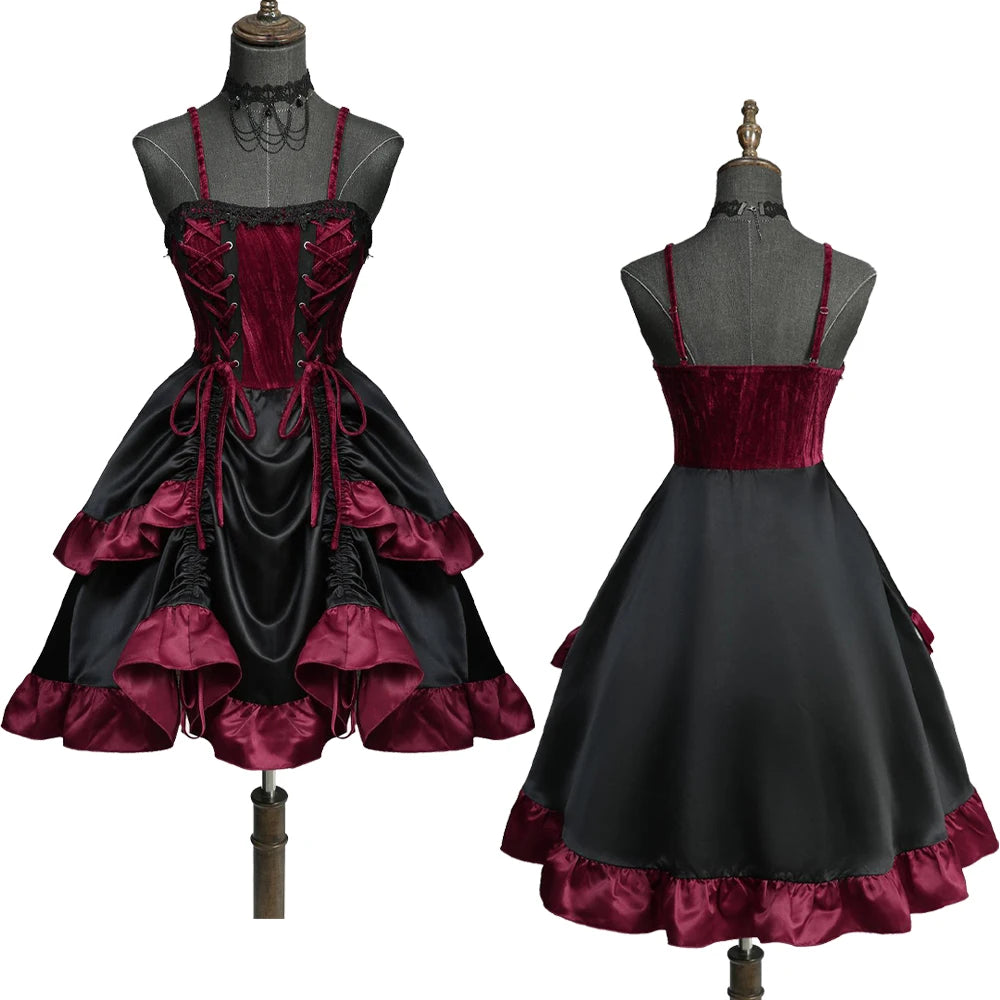 Gothic Ruffle Dress | Lace-Up Layered | Deep Red | S-XXXL
