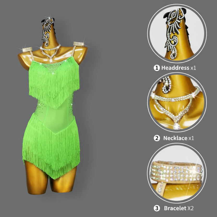 Green Rhinestone Latin Dance Dress with Fringe & Tassel Details
