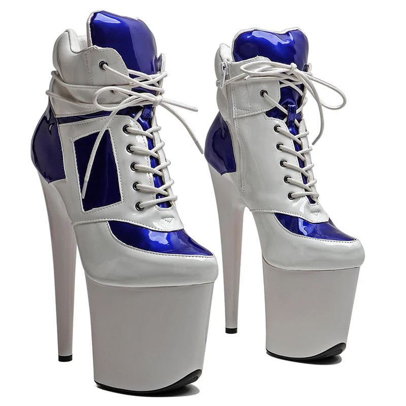 8-Inch Patent Platform Boots - White Blue Ankle Dance Boots