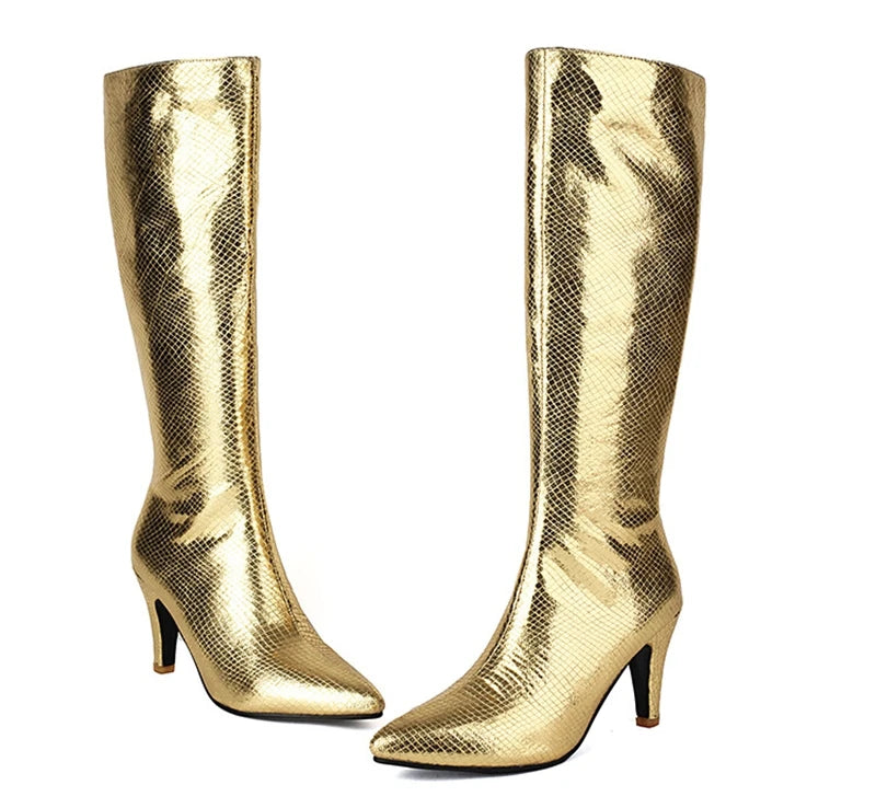 Metallic Knee-High Boot | Pointed Toe Stiletto | 8.5cm Heel