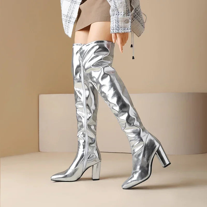 Metallic Over-the-Knee Boots | Chunky Heel | Gold & Silver
