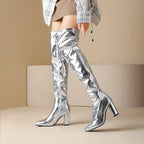 Metallic Over-the-Knee Boots | Chunky Heel | Gold & Silver
