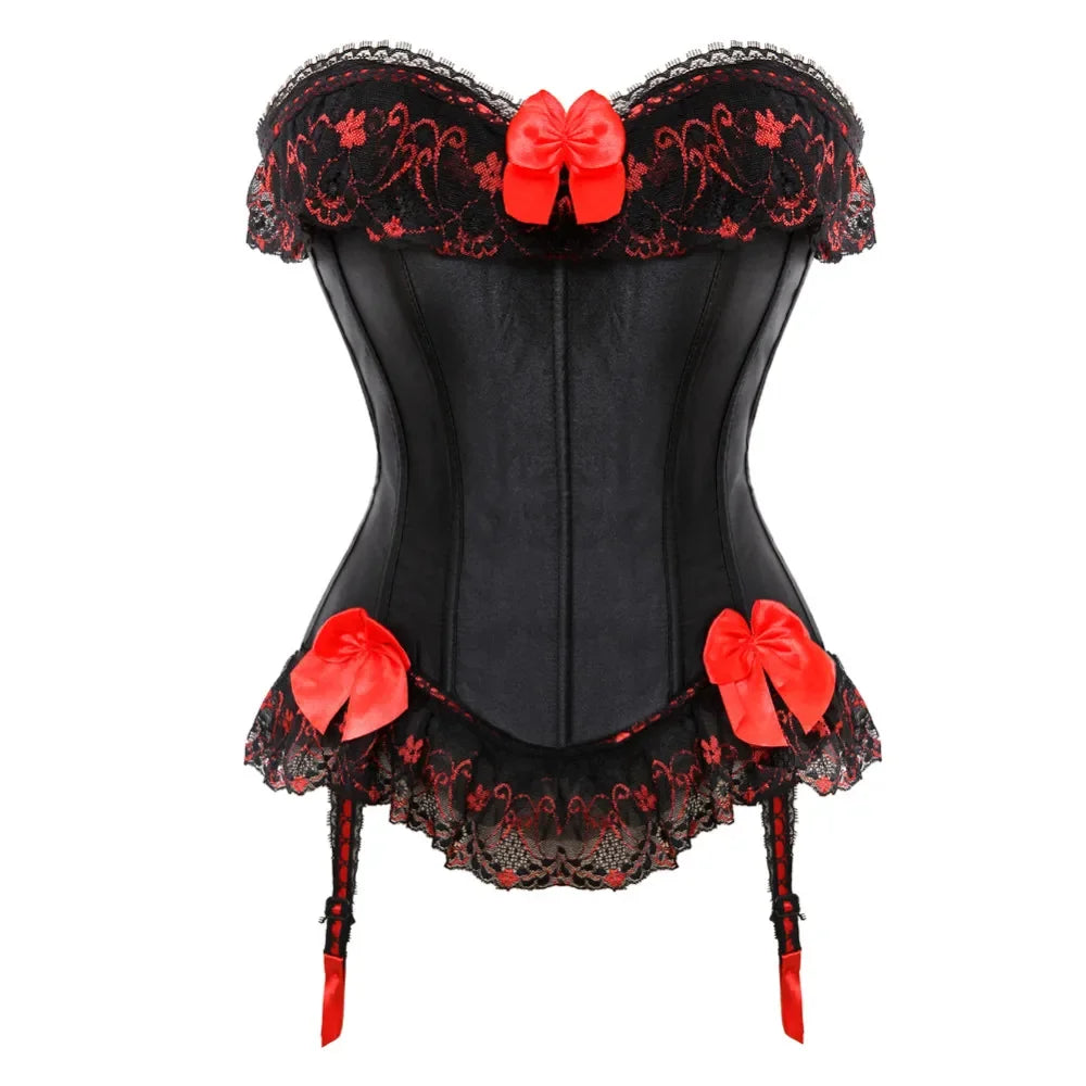 Bow Accent Overbust Corset | Suspenders | Lace-Up | Plus Size