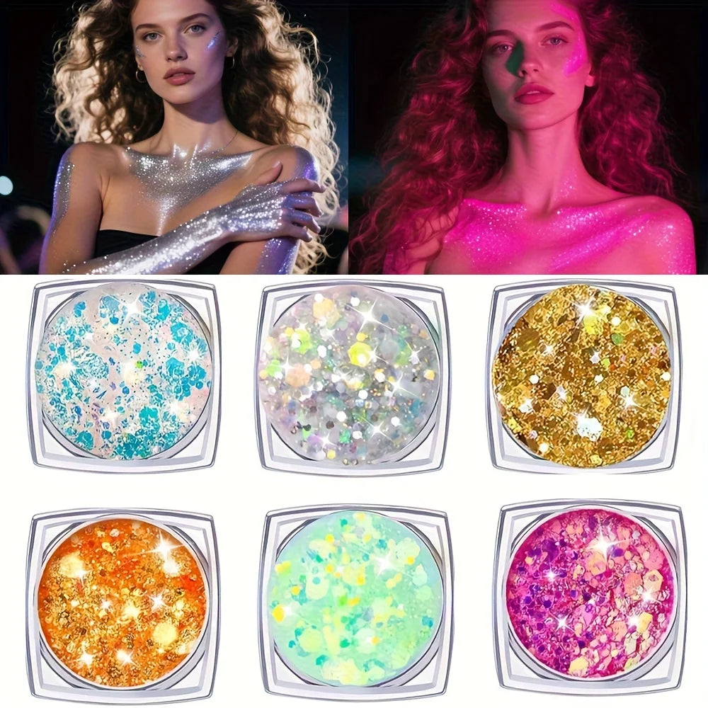 Glow-in-the-Dark Chunky Glitter Gel Set | 6pcs Body Glitter