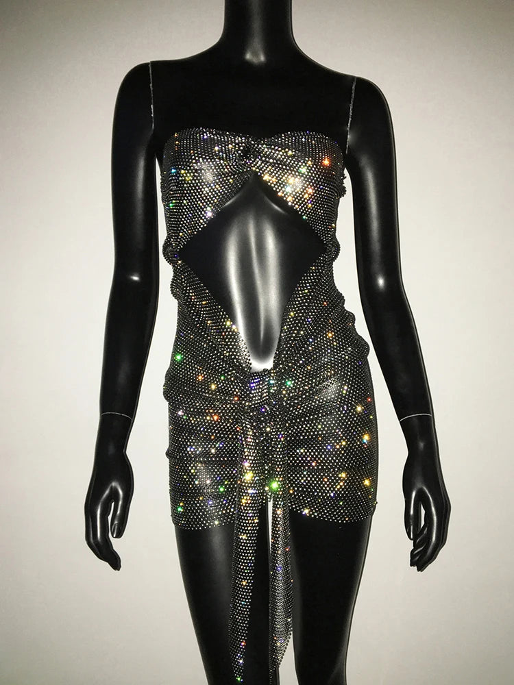 Rhinestone Mesh Backless Mini Dress