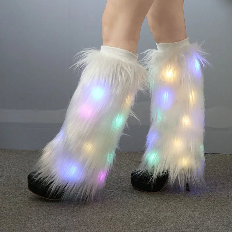 LED Fluffy Faux Fur Boot Covers | 40 cm | Rave & Festival Leg Warmers | White