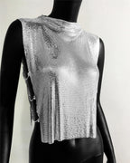 Metal Sequin Backless Crop Top with Rhinestone Chain
