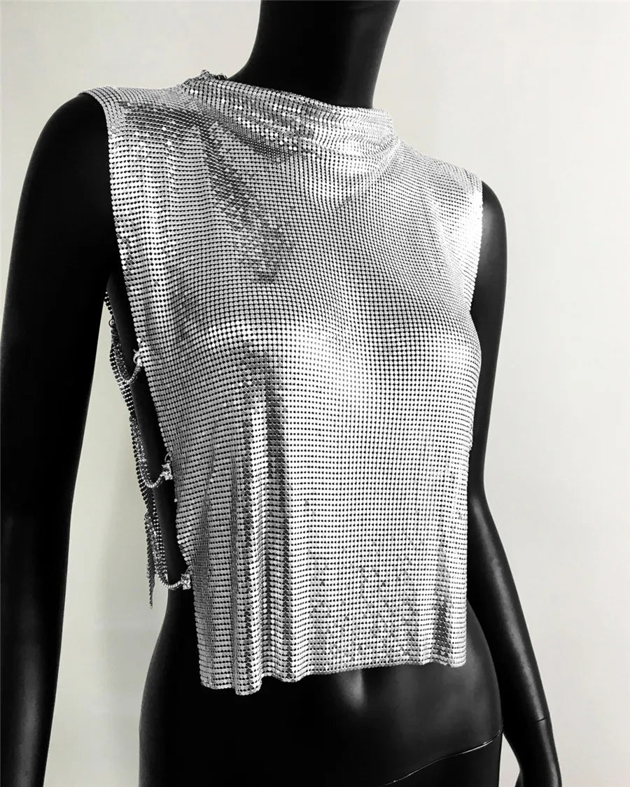 Metal Sequin Backless Crop Top with Rhinestone Chain