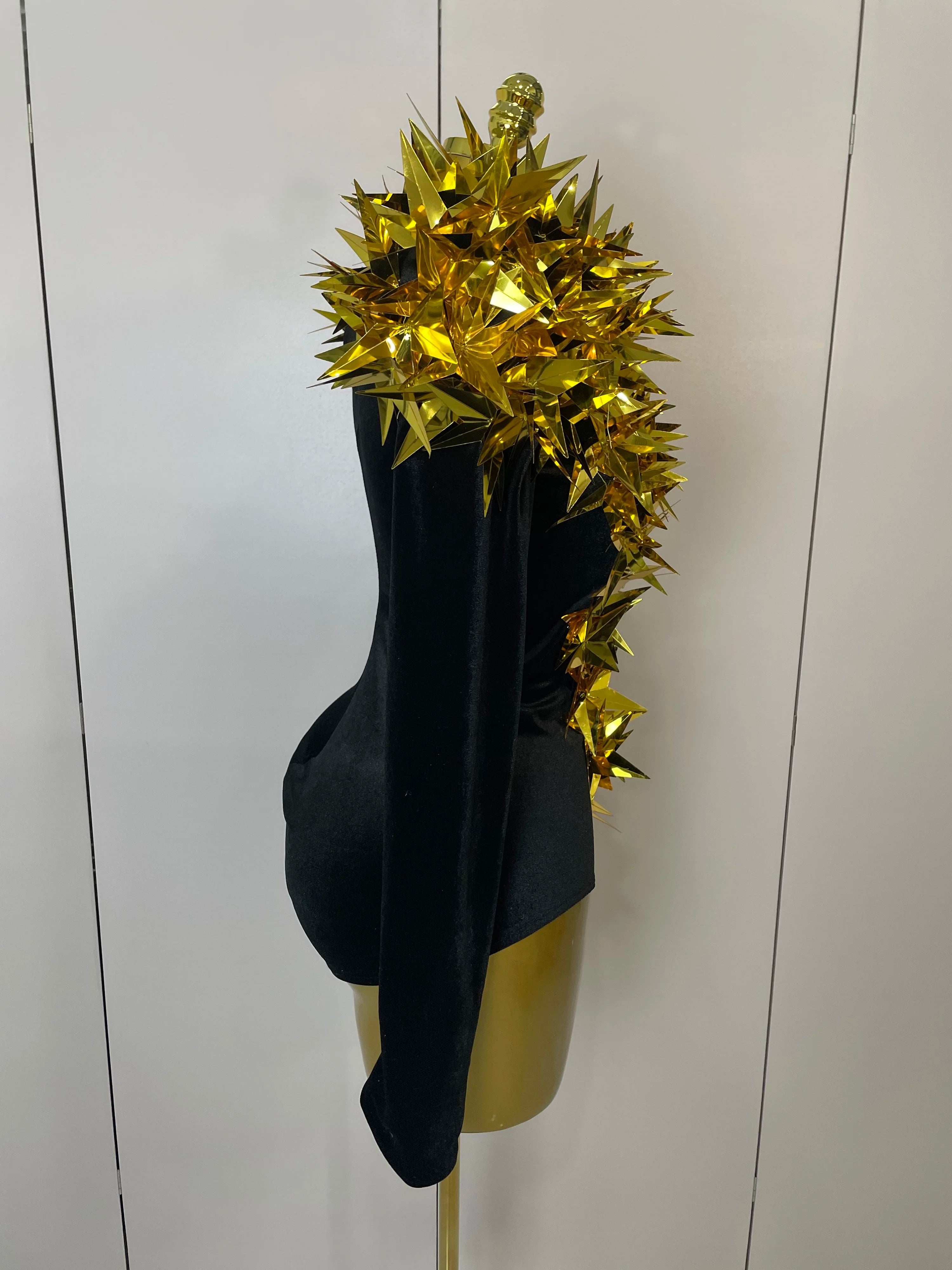 3D Gold Leaf Spike Bodysuit | Velvet Long Sleeve | Stage & Performance