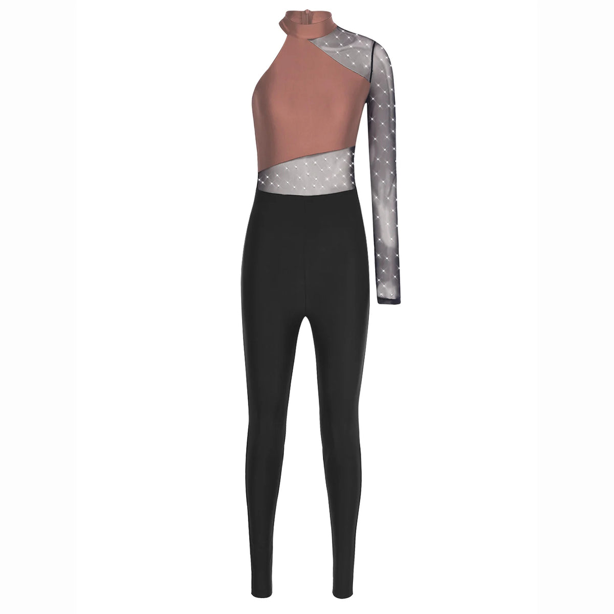 Women's Rhinestone Sheer Mesh Dance Jumpsuit | Mock Neck & One-Shoulder Styles | Gymnastics & Performance