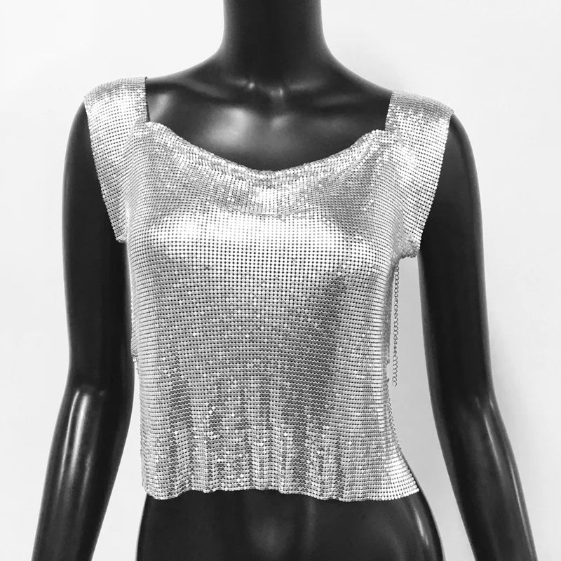 Sequin Backless Crop Top - Diamond Metal Party Tank