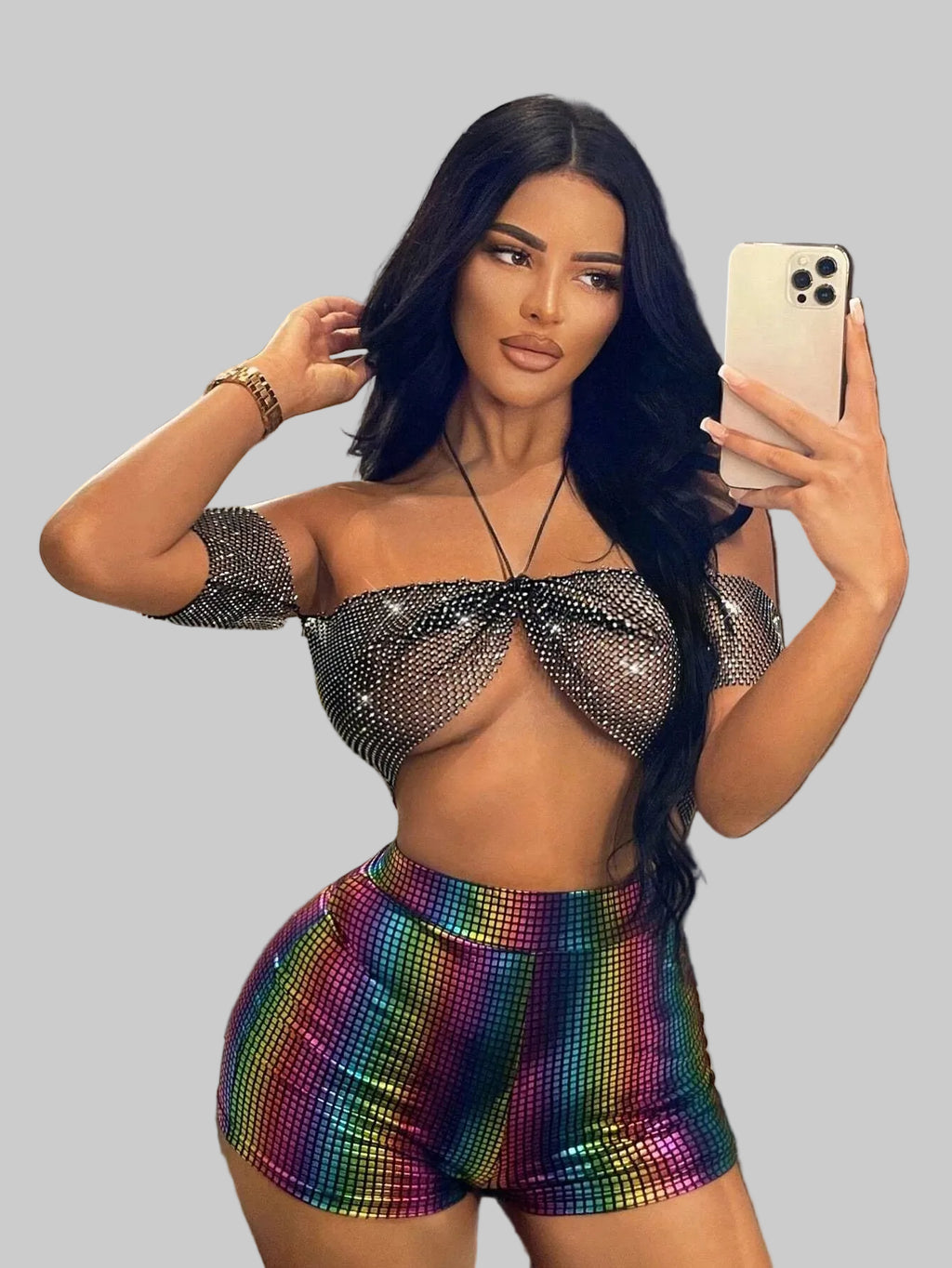Glitter Rhinestone Halter Crop Top - Sheer Backless Tank