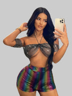 Glitter Rhinestone Halter Crop Top - Sheer Backless Tank