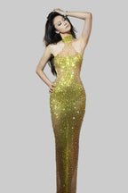 Rhinestone Evening Dress - Sheer Bodycon Maxi Gown with Diamond Embellishments