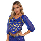 Sequined Belly Dance Crop Top | Coin & Bell Trim | Lace-Up Back
