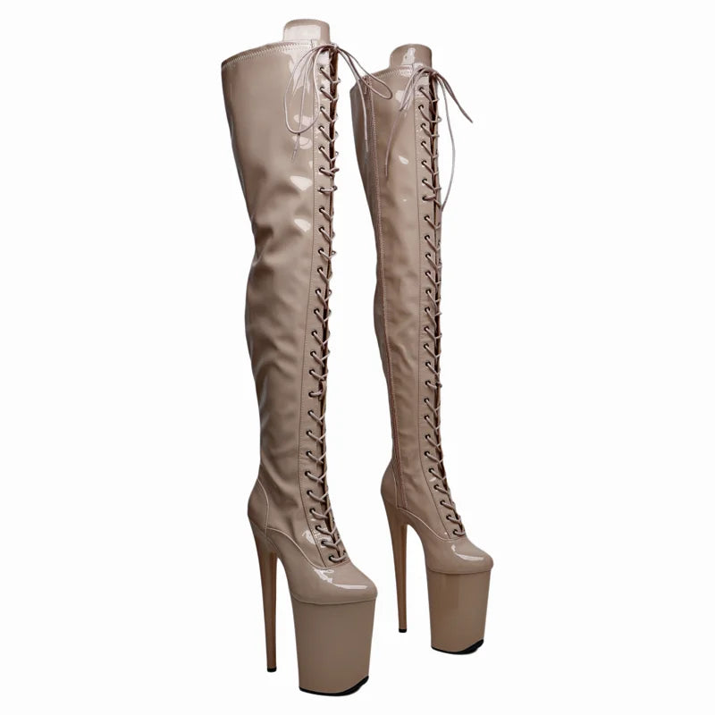 9-Inch Patent Thigh-High Boots - Open Toe Platform Dance Boots