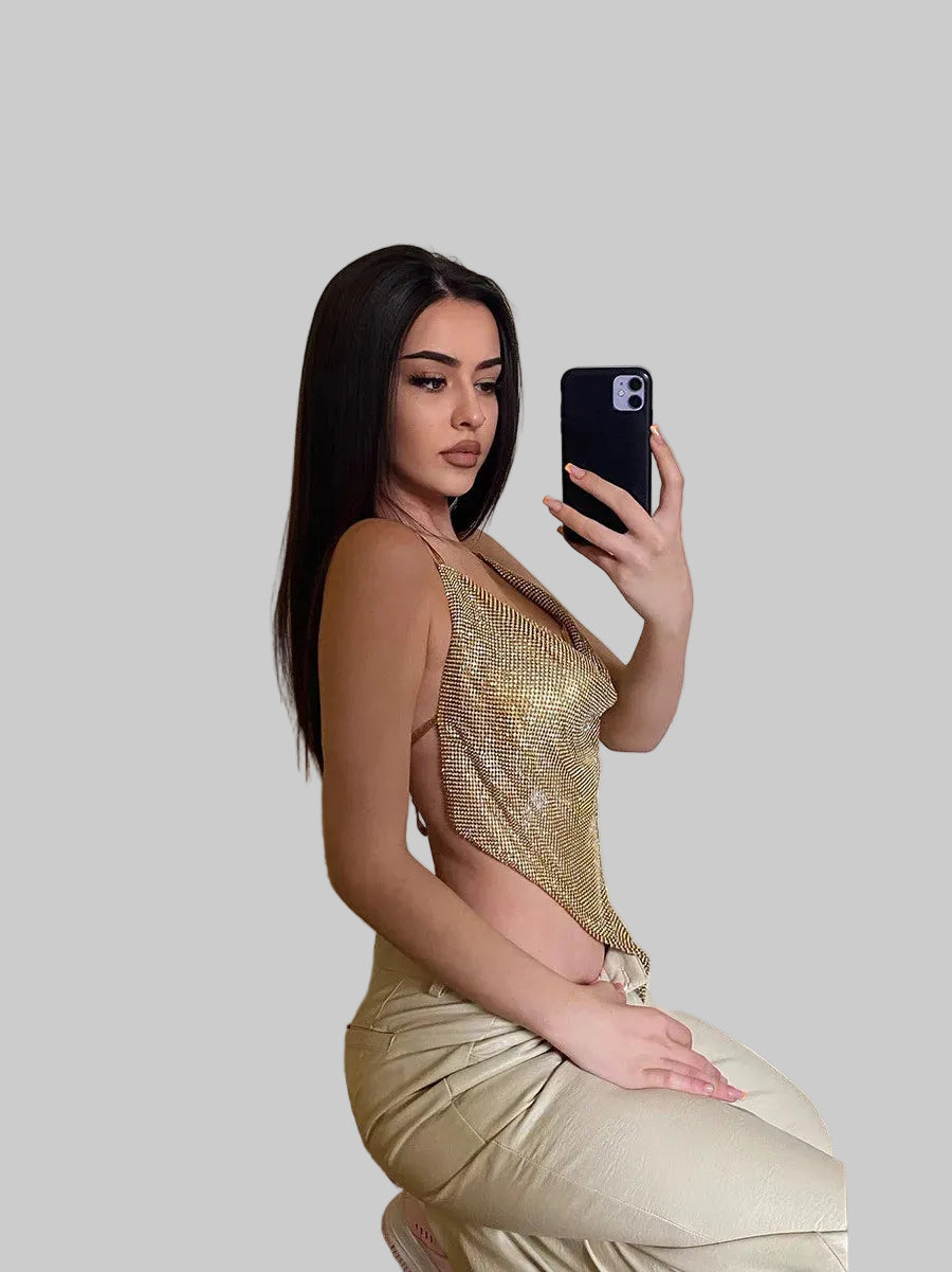 Rhinestone Backless Camisole Crop Top - Deep V-Neck Glitter Tank