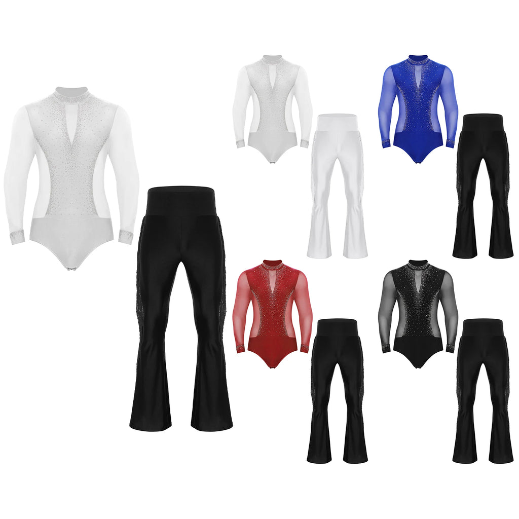 Men's Latin Dance Set | Rhinestone Bodysuit & Flared Pants
