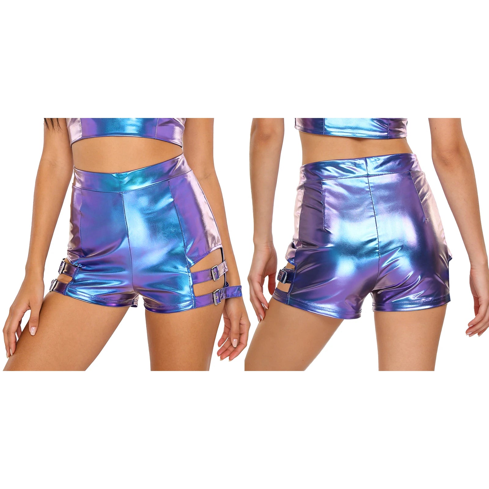 Holographic High-Waist Shorts | Cutout + Metal Buckles