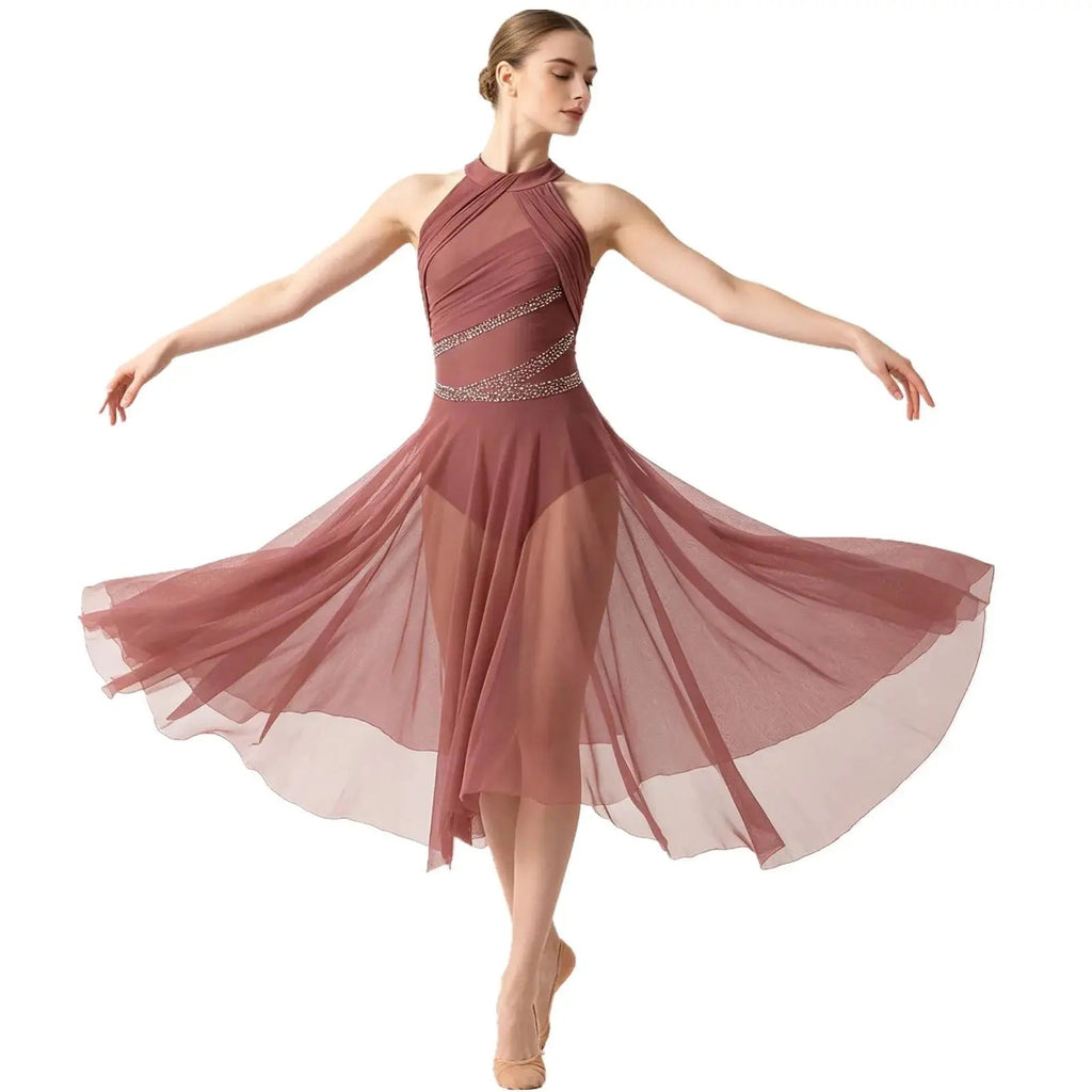Women's Rhinestone Ruched Lyrical Dance Dress | Halter | Asymmetric Hem | 6 Colors | S–XXL