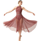 Women's Rhinestone Ruched Lyrical Dance Dress | Halter | Asymmetric Hem | 6 Colors | S–XXL