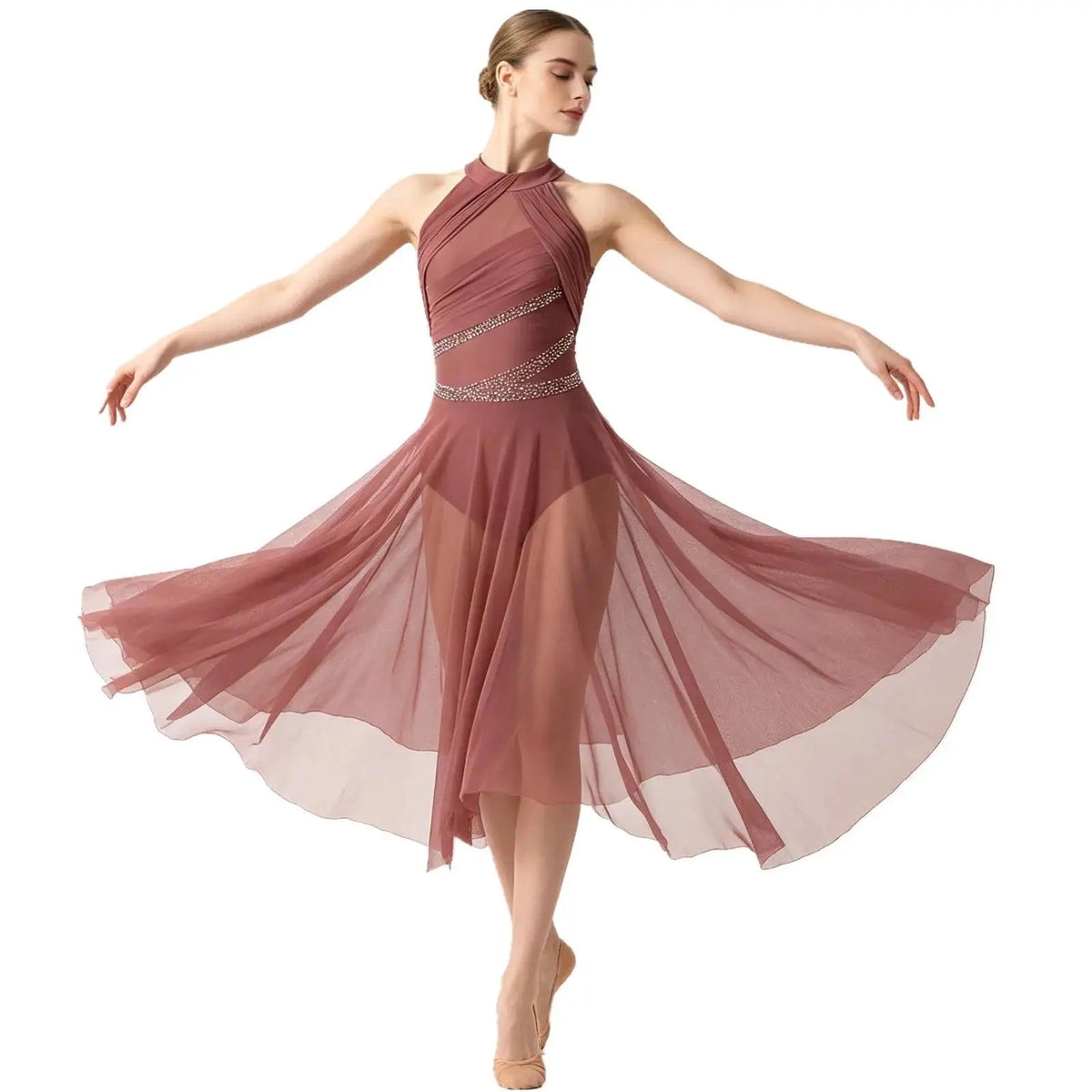Women's Rhinestone Ruched Lyrical Dance Dress | Halter | Asymmetric Hem | 6 Colors | S–XXL