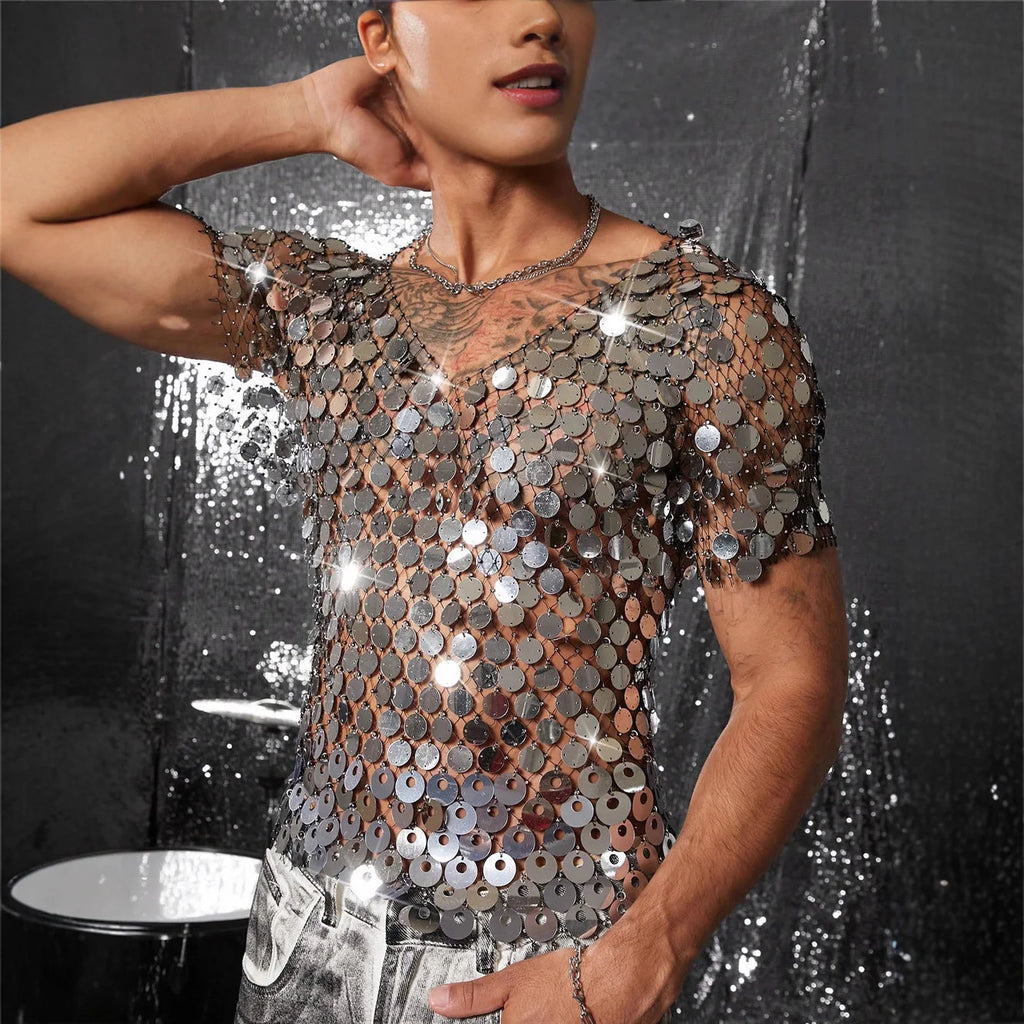 Men’s Sequin Mesh Top | Silver Discs