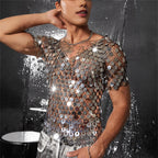 Men’s Sequin Mesh Top | Silver Discs