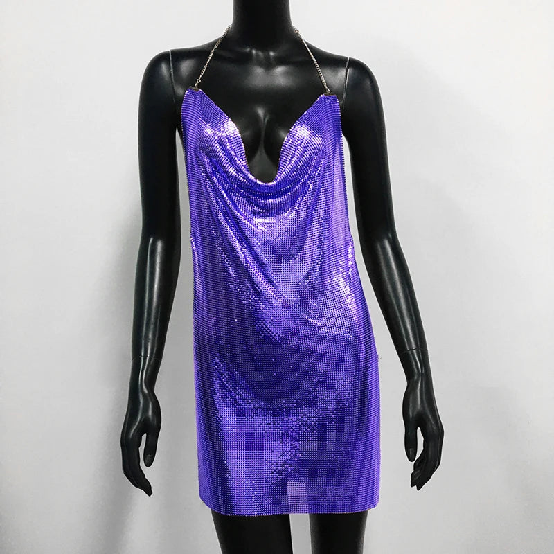 Metal Sequin Halter Mini Dress - Bodycon Party Dress