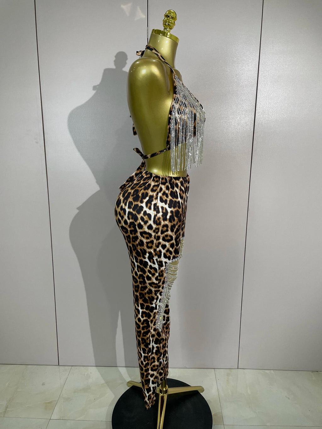 Leopard Rhinestone Chain Two-Piece Set | Crop Top & Pants