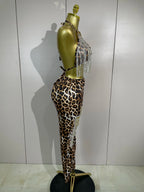 Leopard Rhinestone Chain Two-Piece Set | Crop Top & Pants