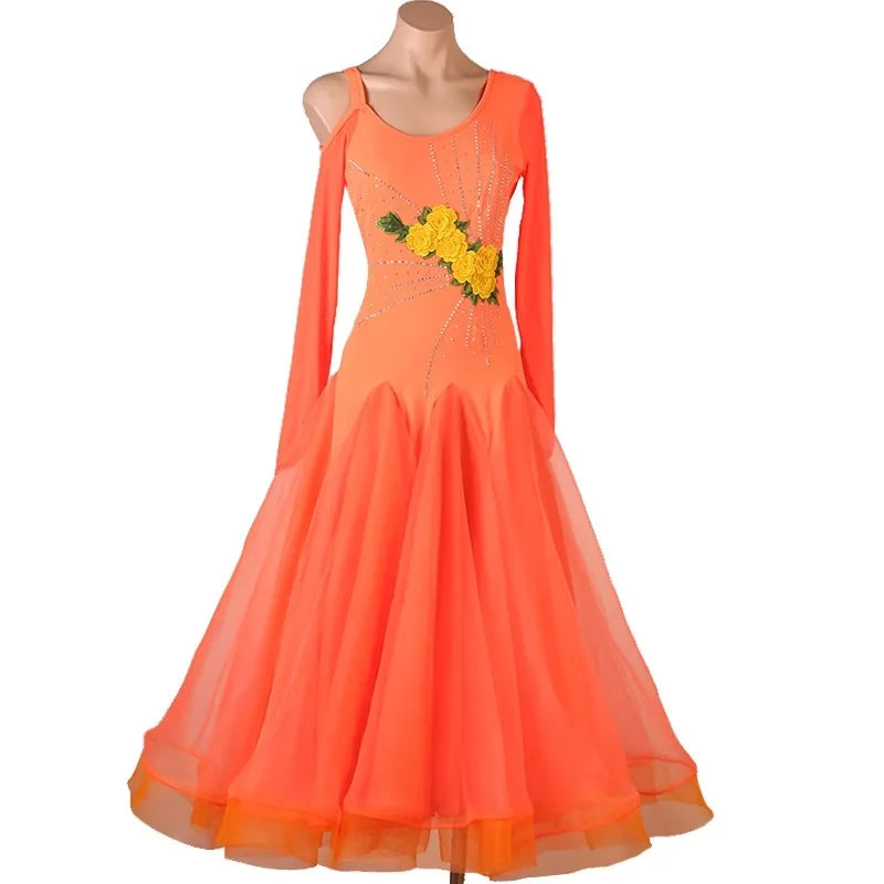 Coral Ballroom Gown | Floral Accent | Long Sleeve | XXS-XXL