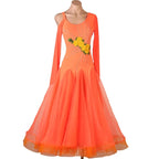 Coral Ballroom Gown | Floral Accent | Long Sleeve | XXS-XXL