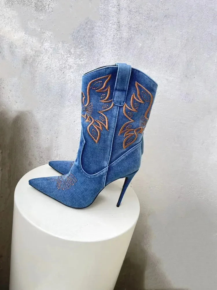 Denim Western Cowboy Boots - Embroidered Stiletto Heel Ankle Boots