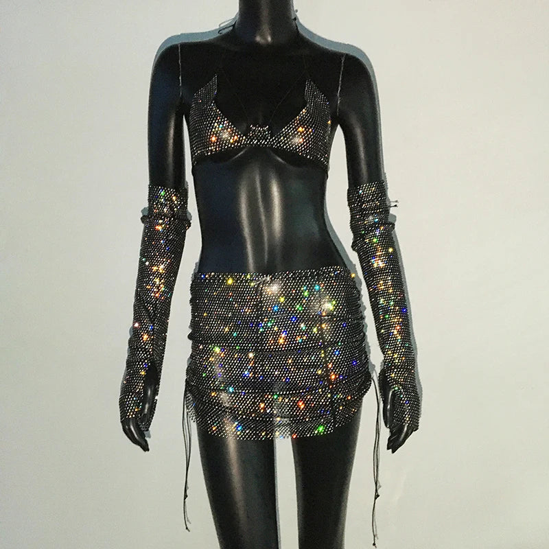 Rhinestone 3-Piece Festival Set - Sheer Crop Top, Mini Skirt & Sleeves