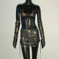 Rhinestone 3-Piece Festival Set - Sheer Crop Top, Mini Skirt & Sleeves
