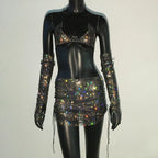 Rhinestone 3-Piece Festival Set - Sheer Crop Top, Mini Skirt & Sleeves