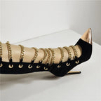Thigh-High Chain Boots | Hollow Cut Suede | Stiletto Heel