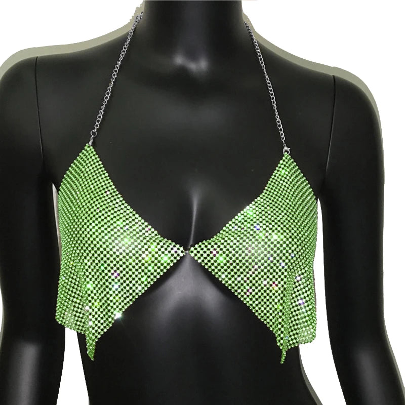 Rhinestone Metal Sequin V-Neck Halter Crop Top