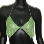 Rhinestone Metal Sequin V-Neck Halter Crop Top