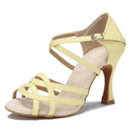 Cross-Strap Latin Dance Sandals | Cuban Heel | 6–10cm | Purple & Yellow