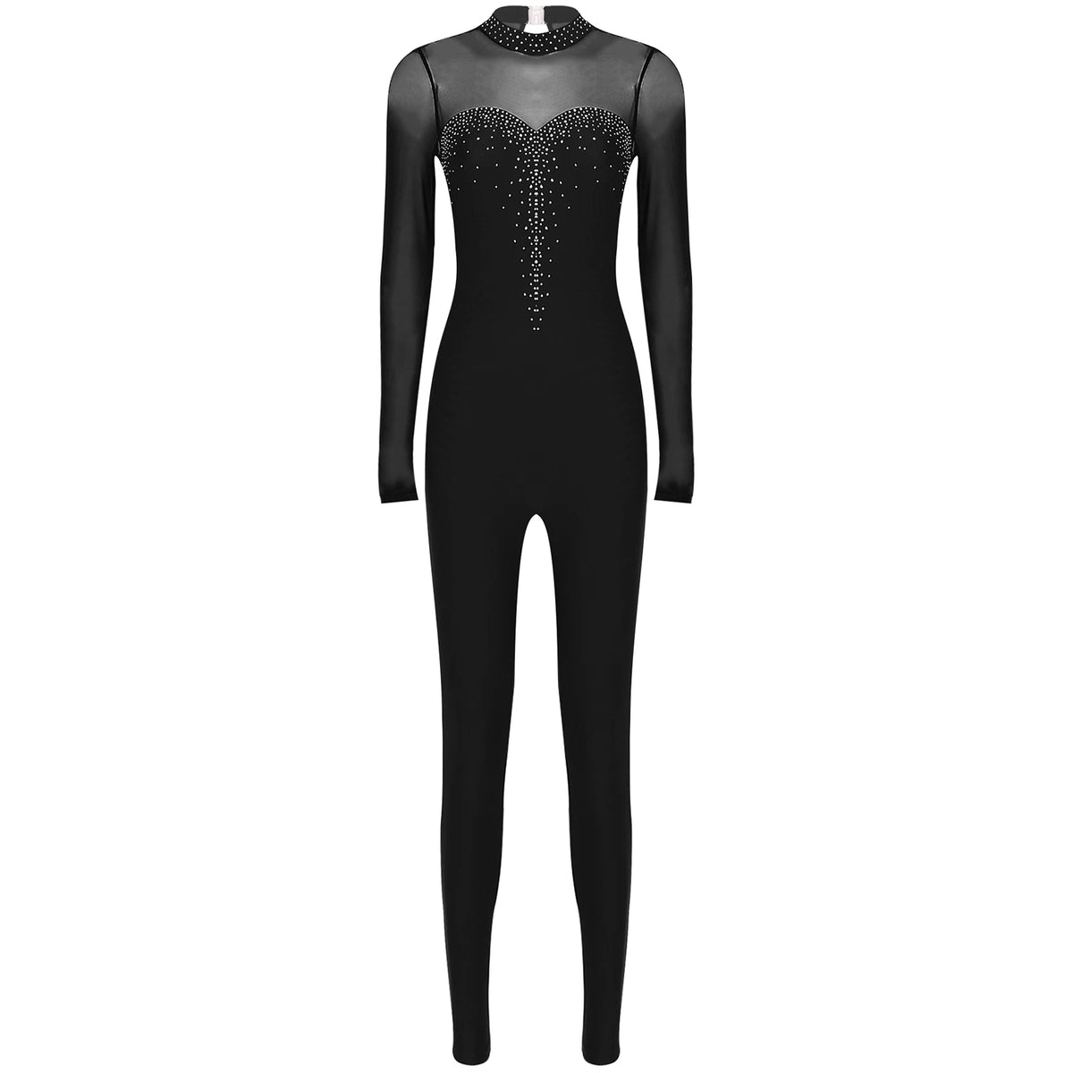Women's Rhinestone Sheer Mesh Dance Jumpsuit | Mock Neck & Keyhole Back | Figure Skating & Performance