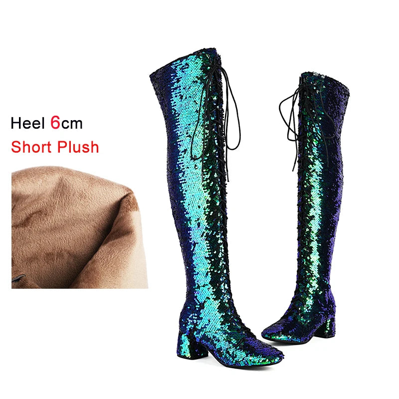 Glitter Sequin Over-the-Knee Boots | Lace-Up | 6cm Block Heel