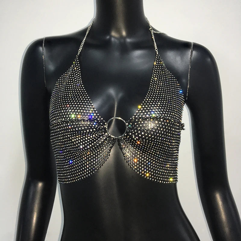 Crystal Fishnet Halter Crop Top - Metal Chain Push-Up Camisole for Stage
