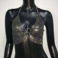 Crystal Fishnet Halter Crop Top - Metal Chain Push-Up Camisole for Stage