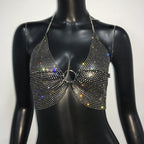 Crystal Fishnet Halter Crop Top - Metal Chain Push-Up Camisole for Stage