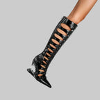 Hollow-Out Knee-High Boots - Patchwork Design with Metal Toe Cap