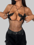 Butterfly Rhinestone Mesh Crop Top with Hollow Cutouts