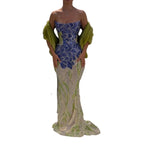 Beaded Mermaid Gown | Scarf | Fuchsia Green & Purple Green